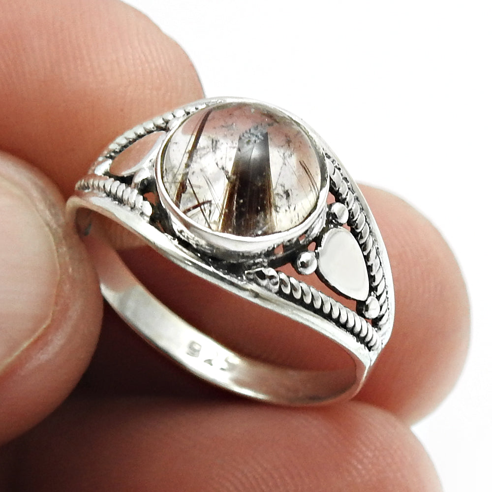 Solid 925 Silver Natural Golden Rutile Gemstone Ethnic Ring D4