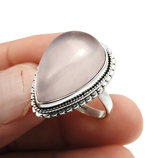 Rose Quartz Gemstone Boho Cocktail Ethnic Bezel Ring Solid Sterling Silver