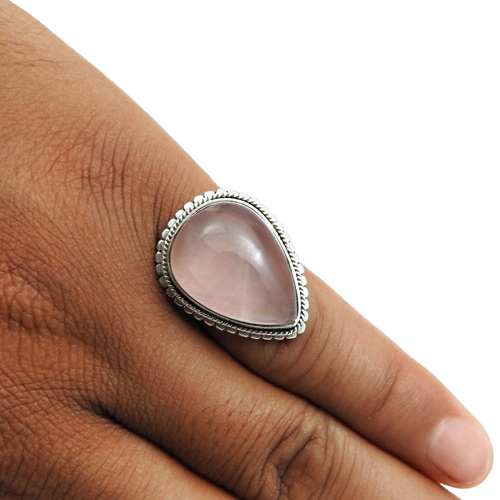 Rose Quartz Gemstone Boho Cocktail Ethnic Bezel Ring Solid Sterling Silver