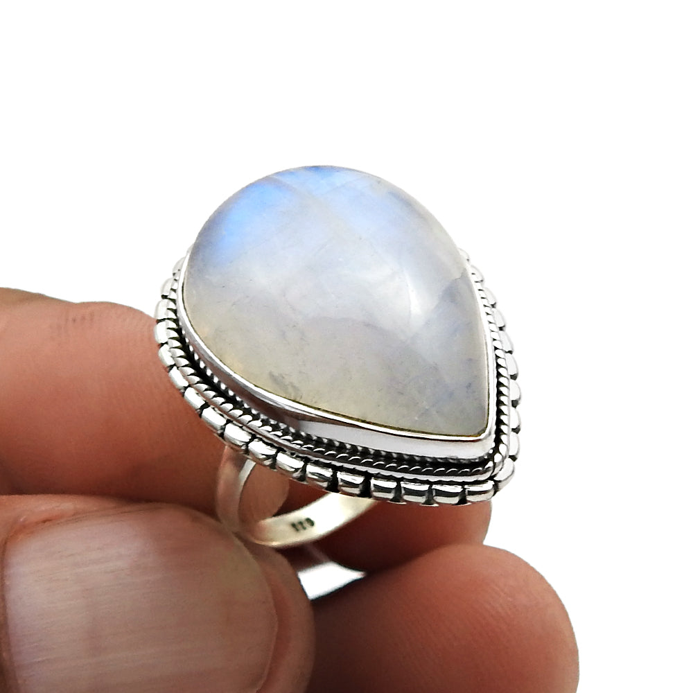 Natural Rainbow Moonstone Statement Vintage Ring 925 Silver For Women V18