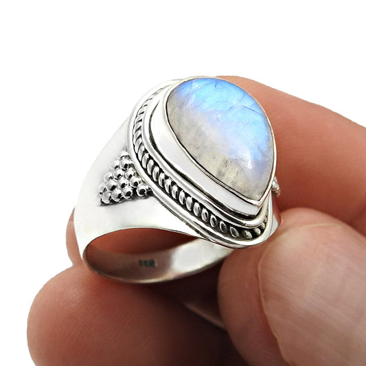 Natural Rainbow Moonstone 925 Silver Solitaire Boho Ring For Women J13