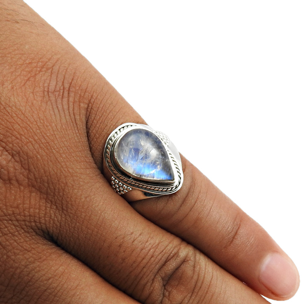 Natural Rainbow Moonstone 925 Silver Solitaire Boho Ring For Women J13