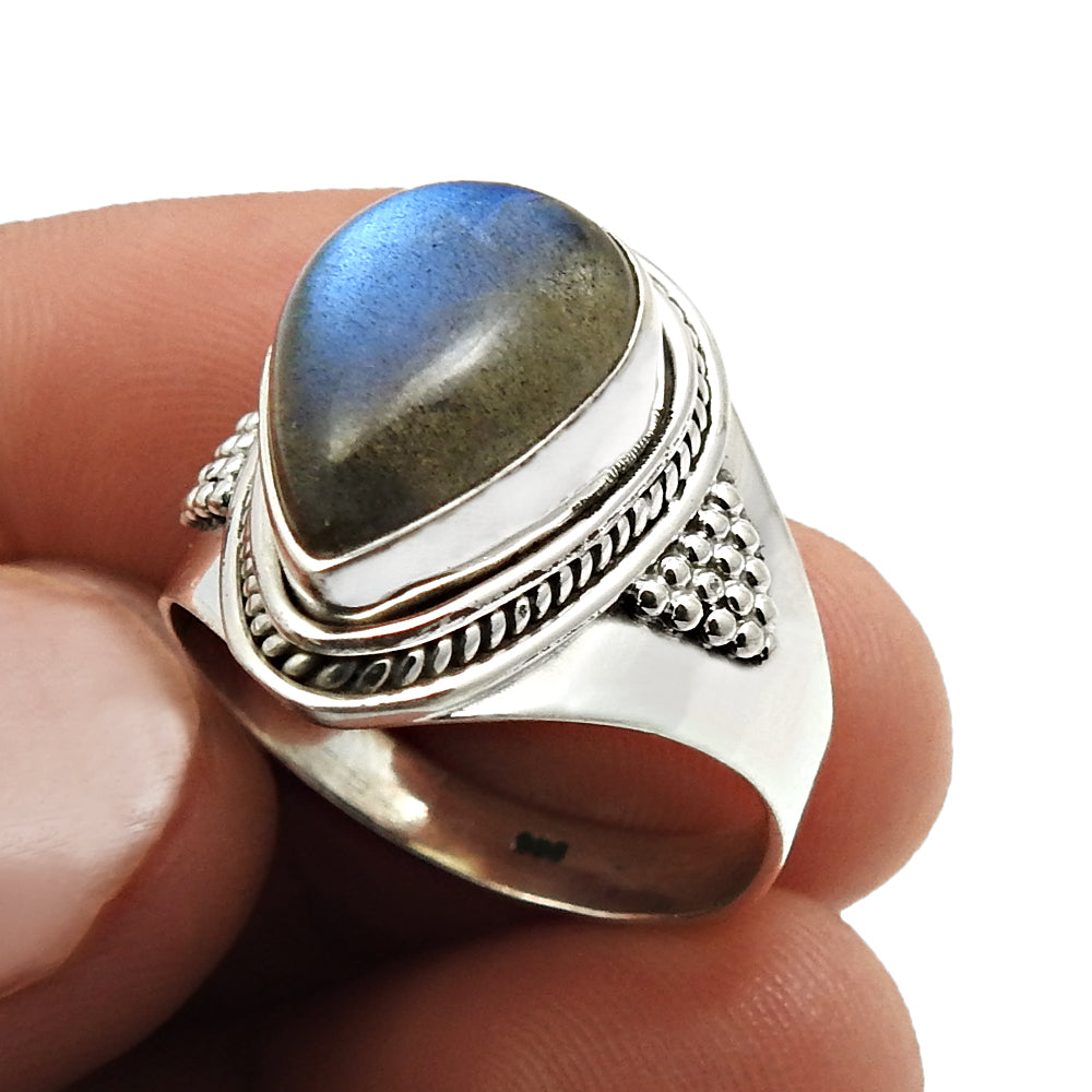 Sterling Silver Pear Labradorite Gemstone Ethnic Solitaire Birthday Ring
