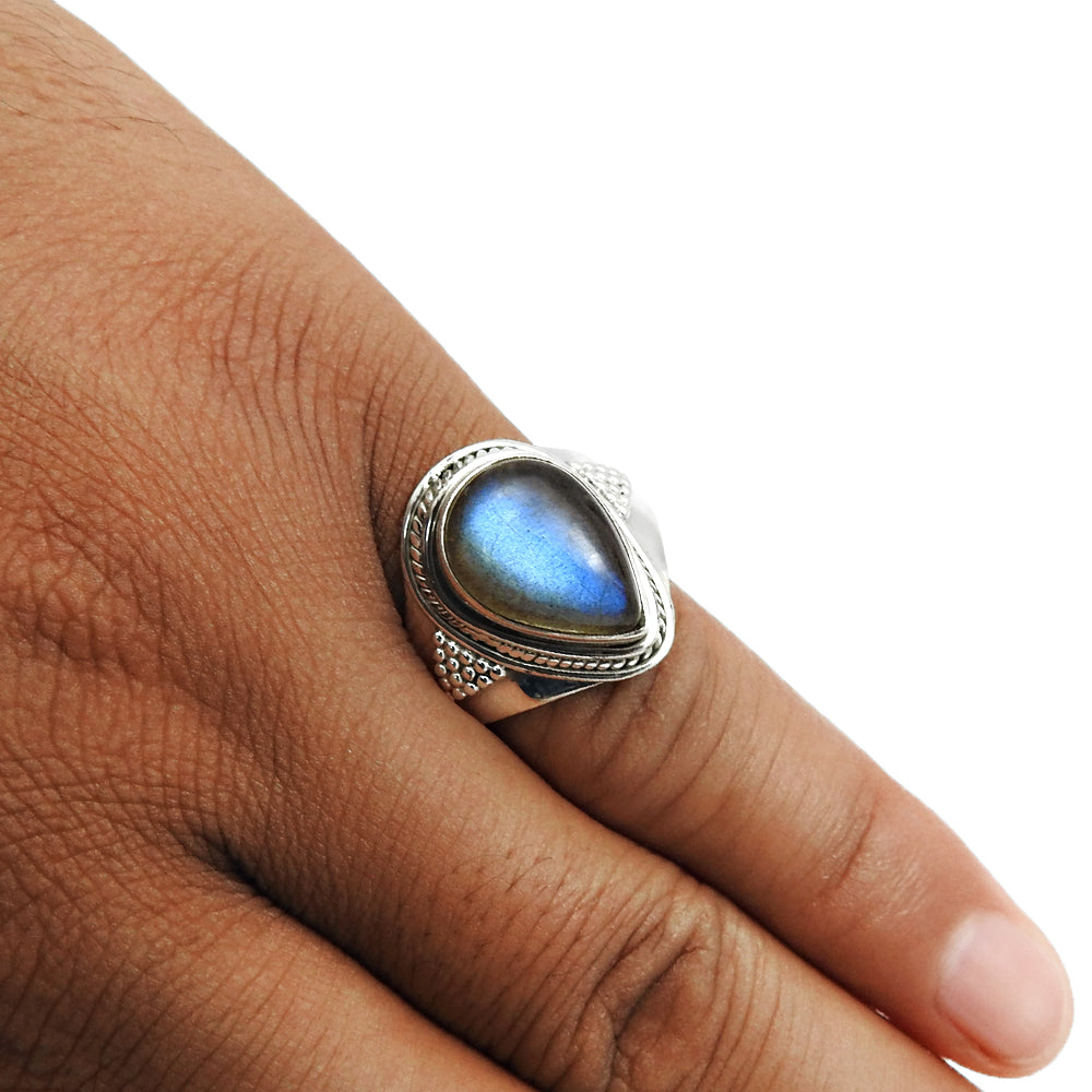 Sterling Silver Pear Labradorite Gemstone Ethnic Solitaire Birthday Ring