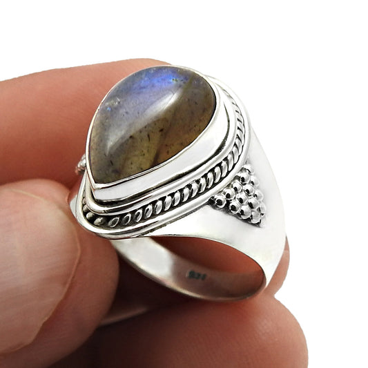 Sterling Silver Pear Labradorite Gemstone Ethnic Solitaire Birthday Ring
