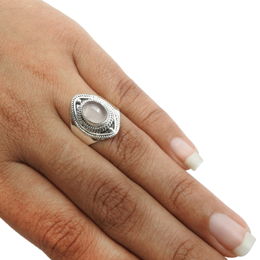 Gift For Woman 925 Silver Natural Rose Quartz Cocktail Boho Ring P13