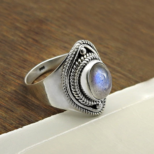 Natural Labradorite Cocktail Tribal Ring 925 Silver For Women O13