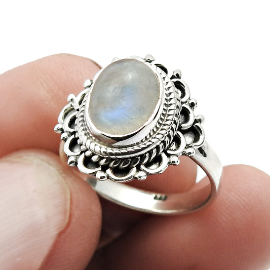 Natural Rainbow Moonstone 925 Silver Cocktail Vintage Ring For Women H14
