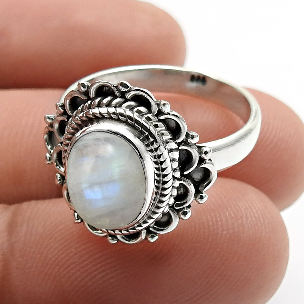 Natural Rainbow Moonstone 925 Silver Cocktail Vintage Ring For Women H14