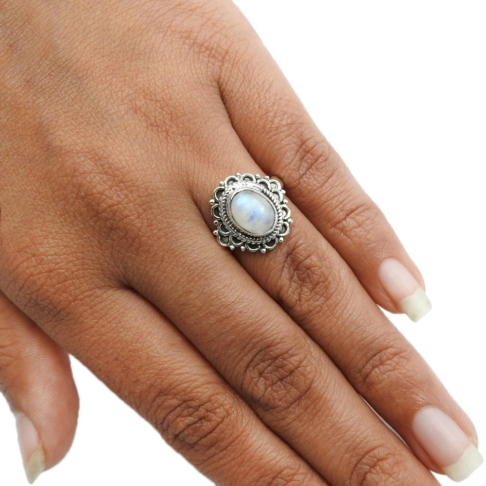 Natural Rainbow Moonstone 925 Silver Cocktail Vintage Ring For Women H14