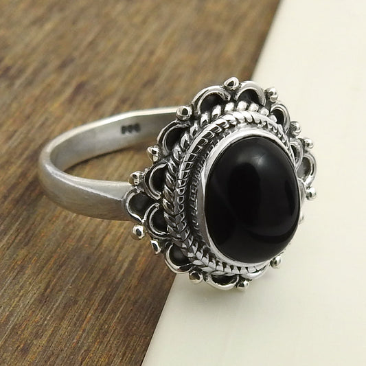 Gift For Her Black Onyx Gemstone Ring 925 Sterling Silver Jewelry Hh1