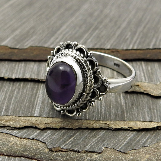 Gift For Woman Statement Tribal Ring 925 Silver Natural Amethyst A35