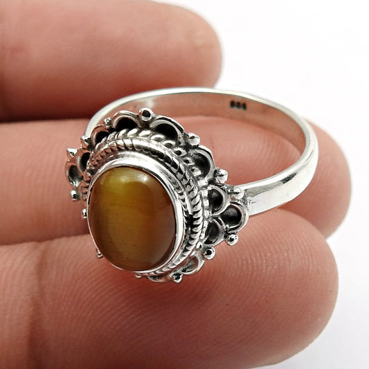 Natural Tiger Eye Gemstone Cocktail Boho Ring 925 Silver For Women C14
