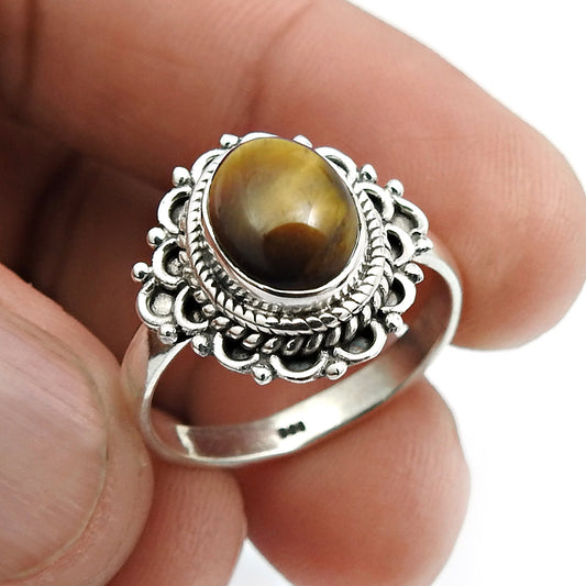 Natural Tiger Eye Gemstone Cocktail Boho Ring 925 Silver For Women C14