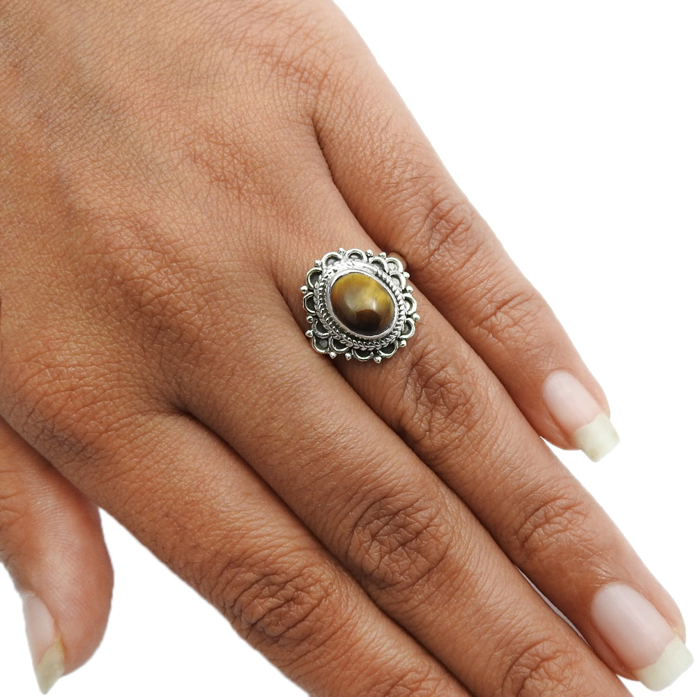 Natural Tiger Eye Gemstone Cocktail Boho Ring 925 Silver For Women C14
