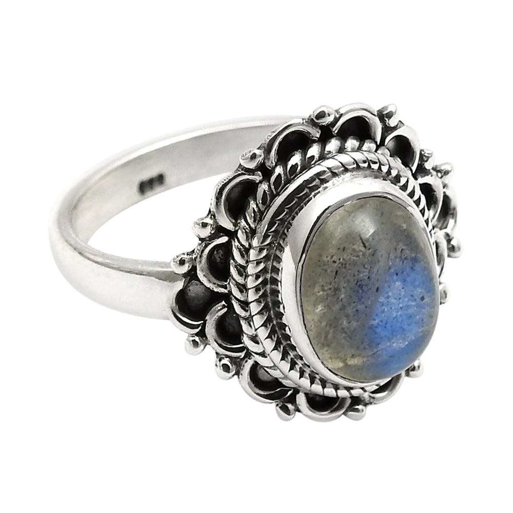 Natural Labradorite Solitaire Tribal Ring 925 Silver For Girls N32
