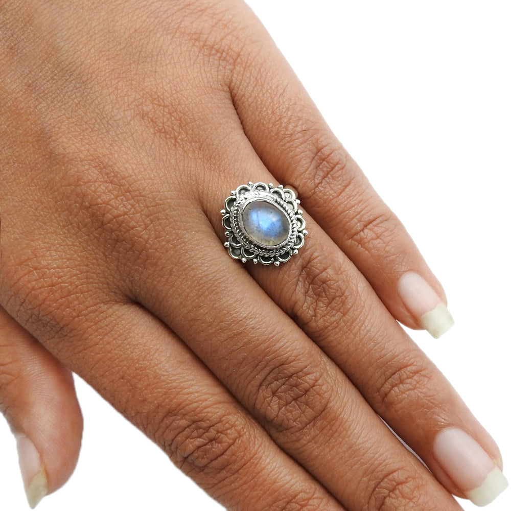 Natural Labradorite Solitaire Tribal Ring 925 Silver For Girls N32