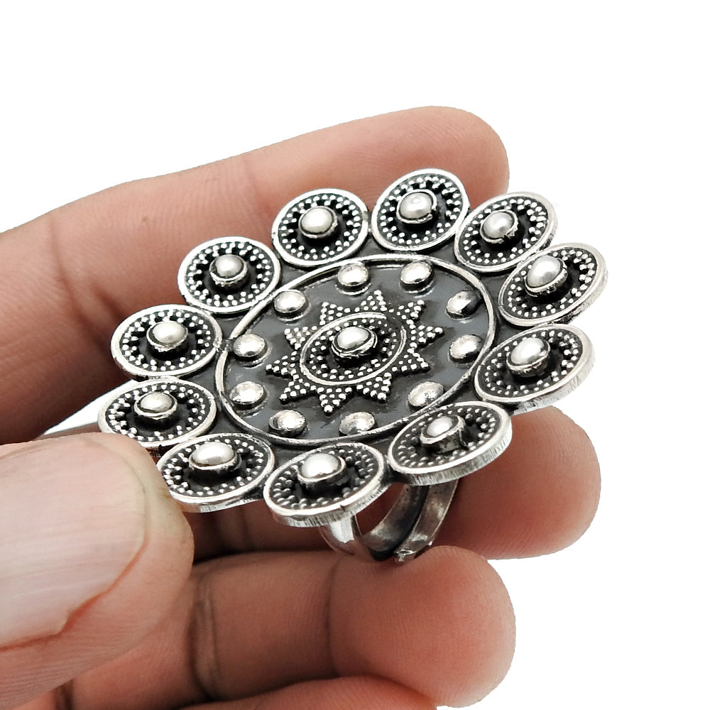 Gift For Her Natural Pearl Statement Antique Look Adjustable Ring 925 Silver B5