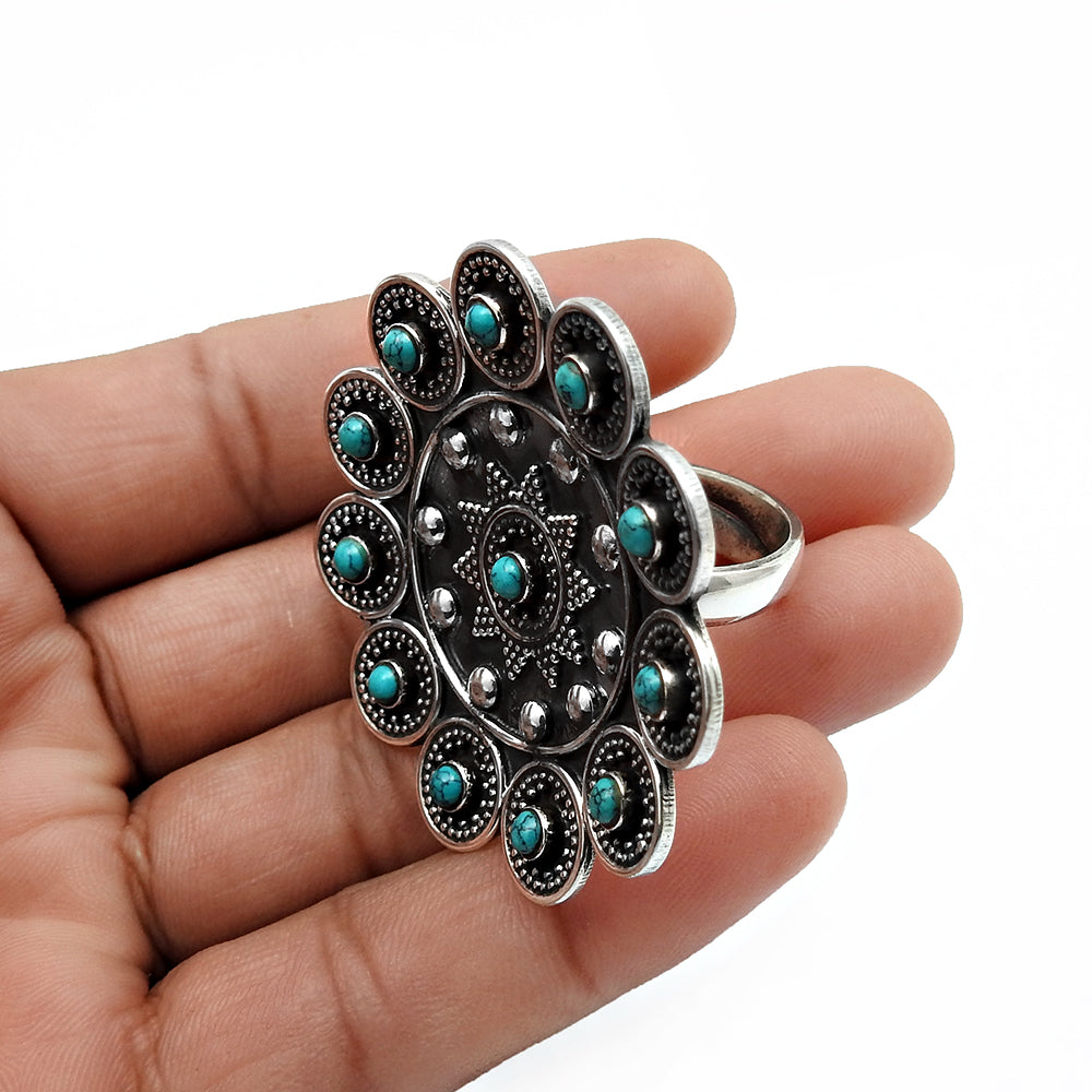 Gift For Woman Cocktail Artisan Adjustable Ring 925 Silver Natural Turquoise A2