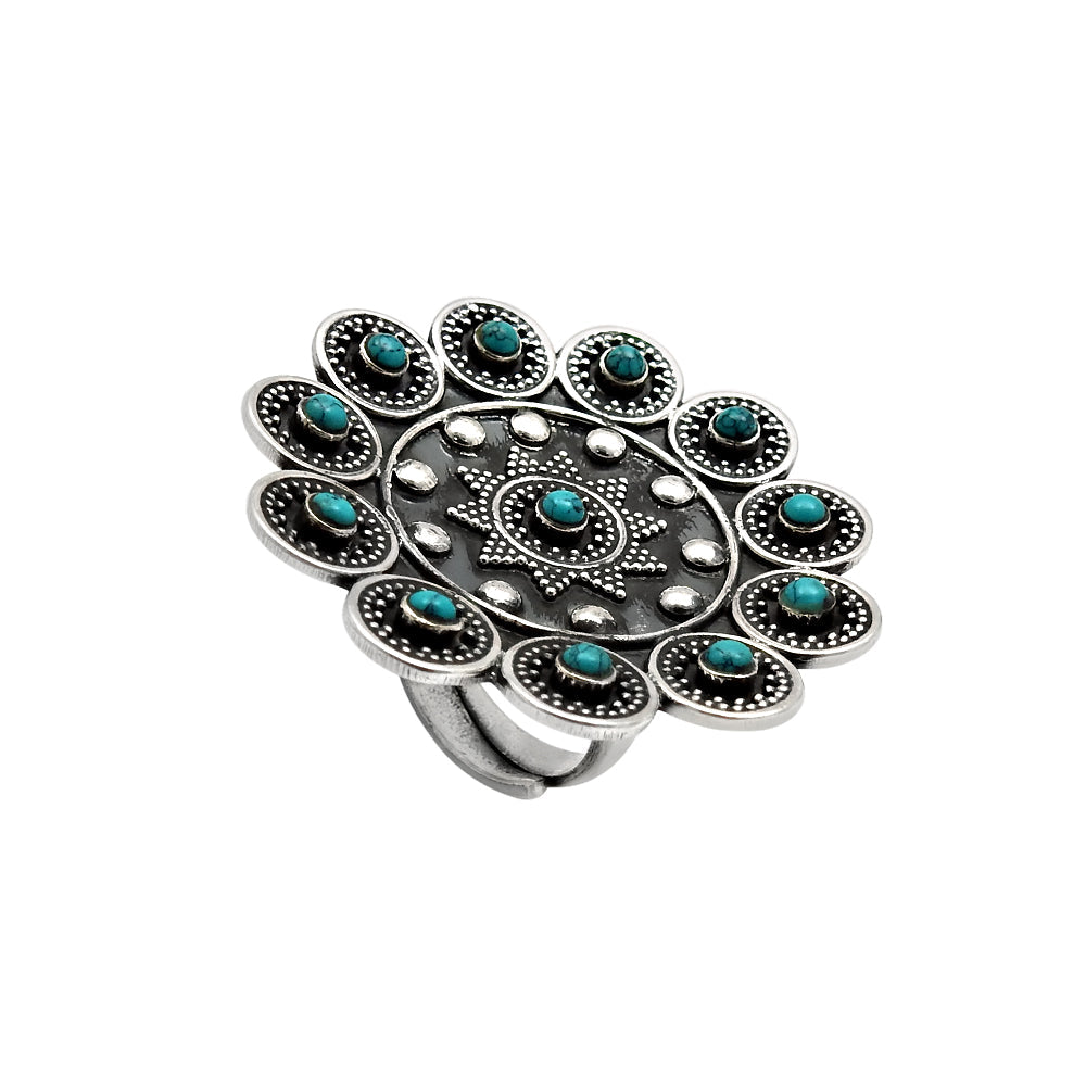 Gift For Woman Cocktail Artisan Adjustable Ring 925 Silver Natural Turquoise A2