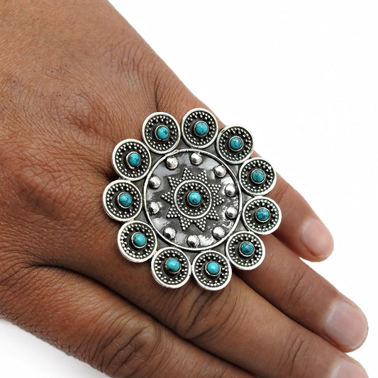 Gift For Woman Cocktail Artisan Adjustable Ring 925 Silver Natural Turquoise A2