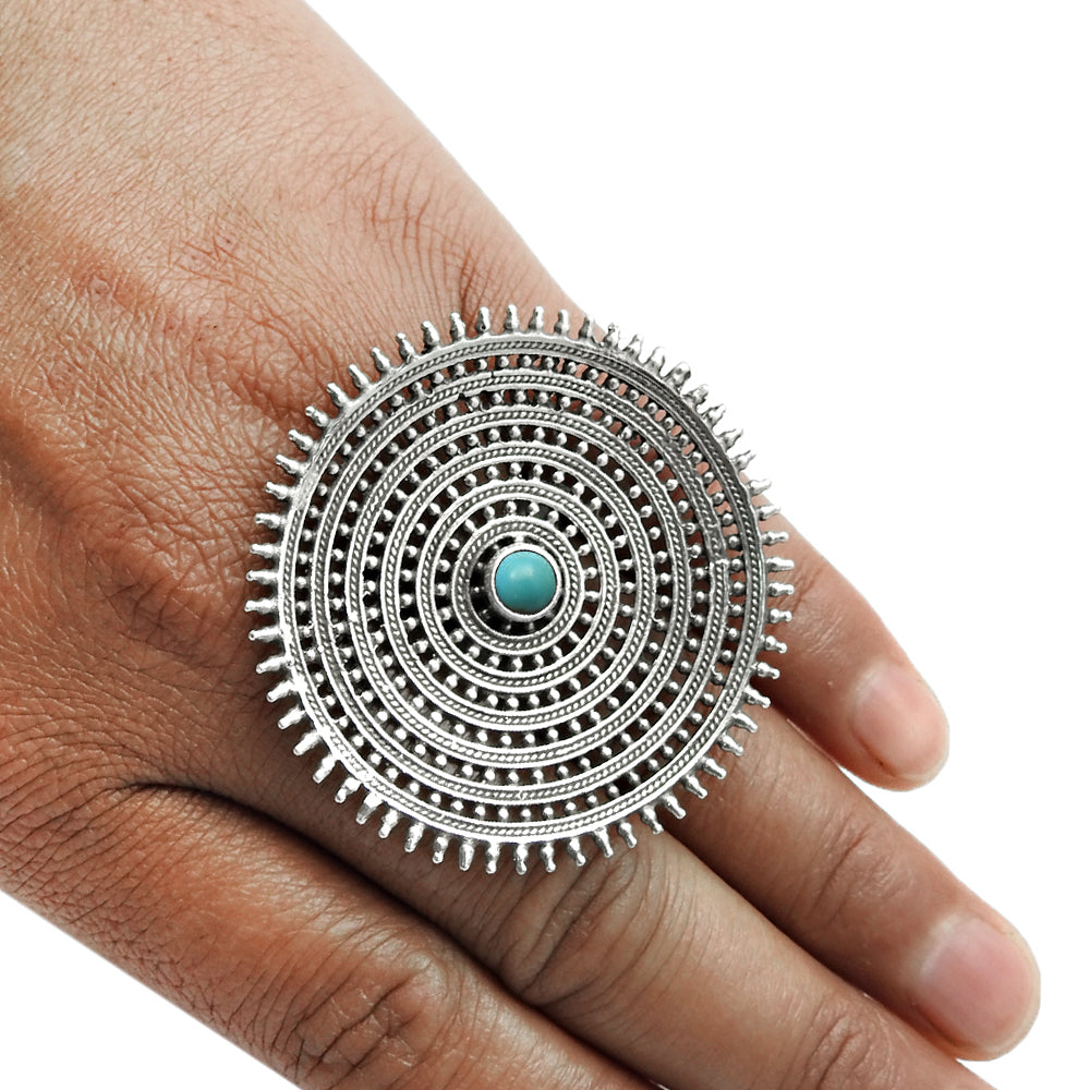 Natural Turquoise Gemstone Statement Antique Look Adjustable Ring 925 Silver G9