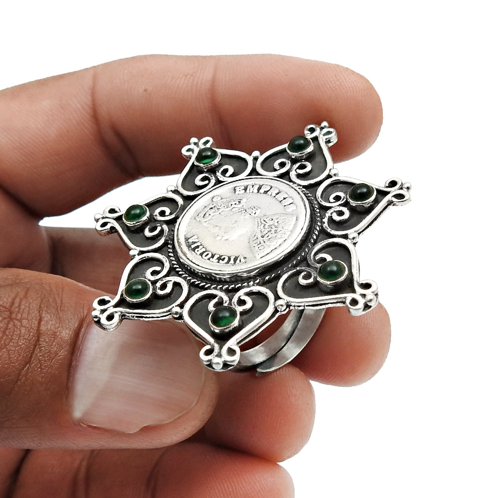 Natural Green Onyx Gemstone 925 Silver Solitaire Antique Adjustable Ring For Girls C35