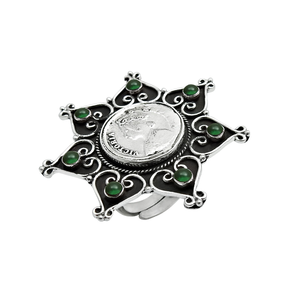 Natural Green Onyx Gemstone 925 Silver Solitaire Antique Adjustable Ring For Girls C35