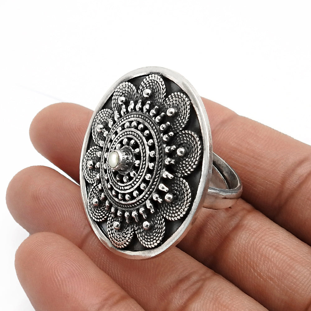 925 Silver Natural Pearl Statement Antique Flower Adjustable Ring
