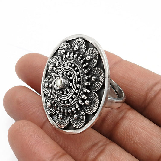 925 Silver Natural Pearl Statement Antique Flower Adjustable Ring