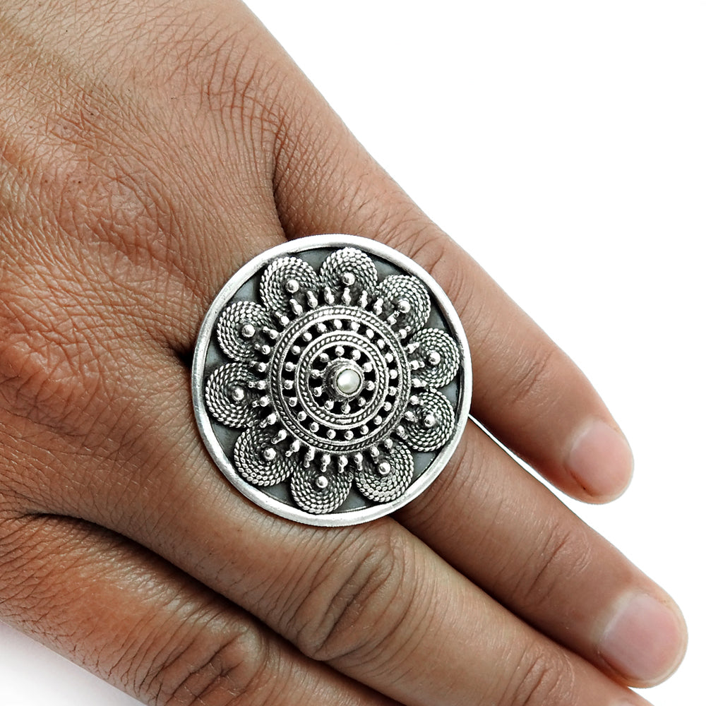 925 Silver Natural Pearl Statement Antique Flower Adjustable Ring