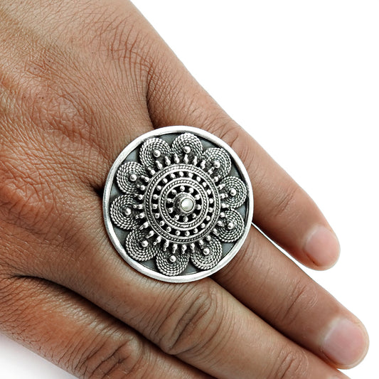 925 Silver Natural Pearl Statement Antique Flower Adjustable Ring