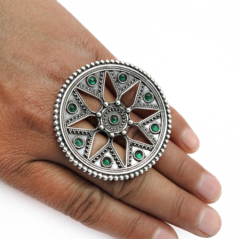 Natural Green Onyx Gemstone Cocktail Artisan Adjustable Ring 925 Silver For Women A10