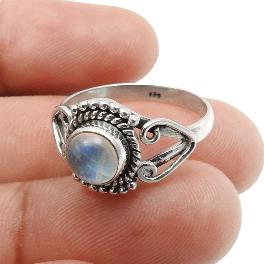 Gift For Woman Natural Rainbow Moonstone Cocktail Ring 925 Silver O4