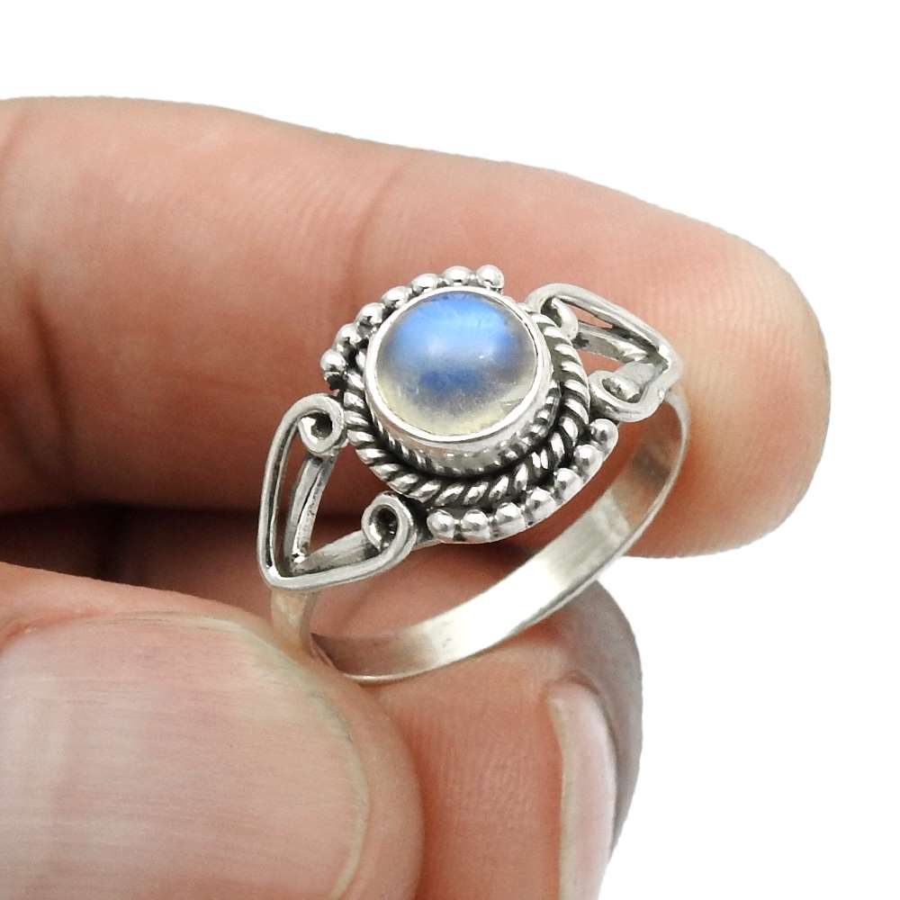 Gift For Woman Natural Rainbow Moonstone Cocktail Ring 925 Silver O4
