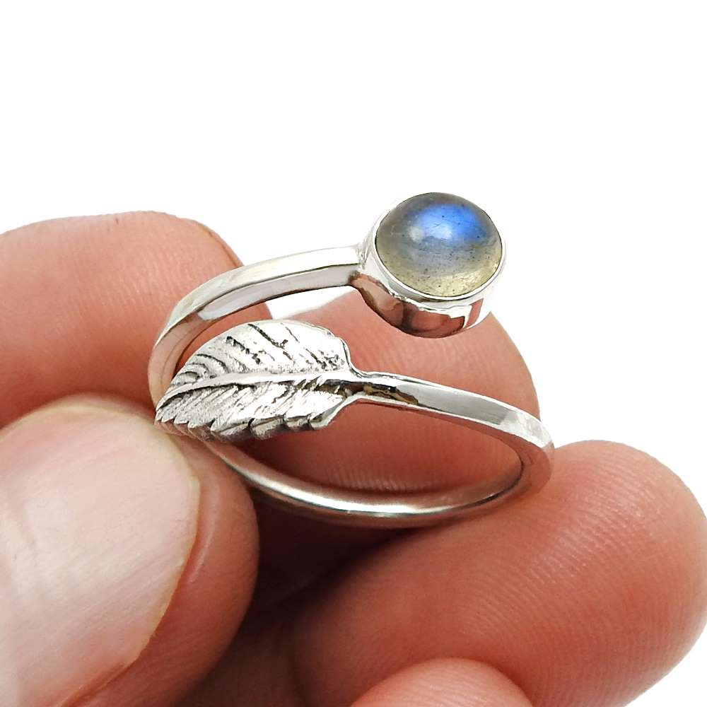 Gift For Her Natural Labradorite Cocktail Leaf Adjustable Ring 925 Silver B18