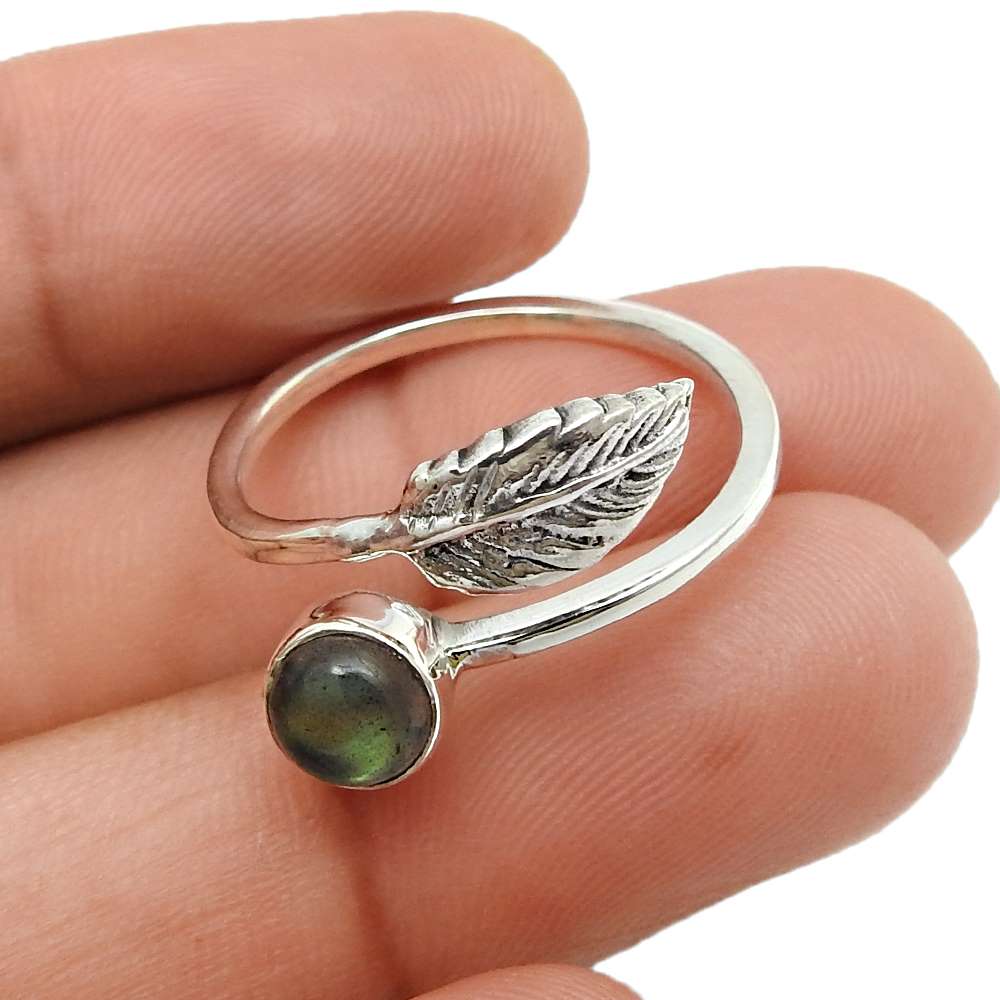 Gift For Her Natural Labradorite Cocktail Leaf Adjustable Ring 925 Silver B18
