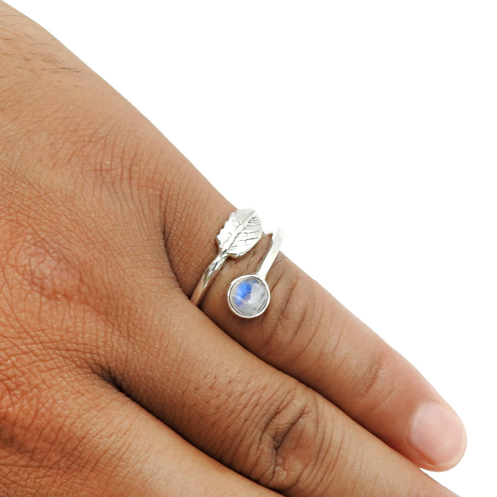 Natural Rainbow Moonstone 925 Silver Cocktail Leaf Adjustable Ring For Women O16