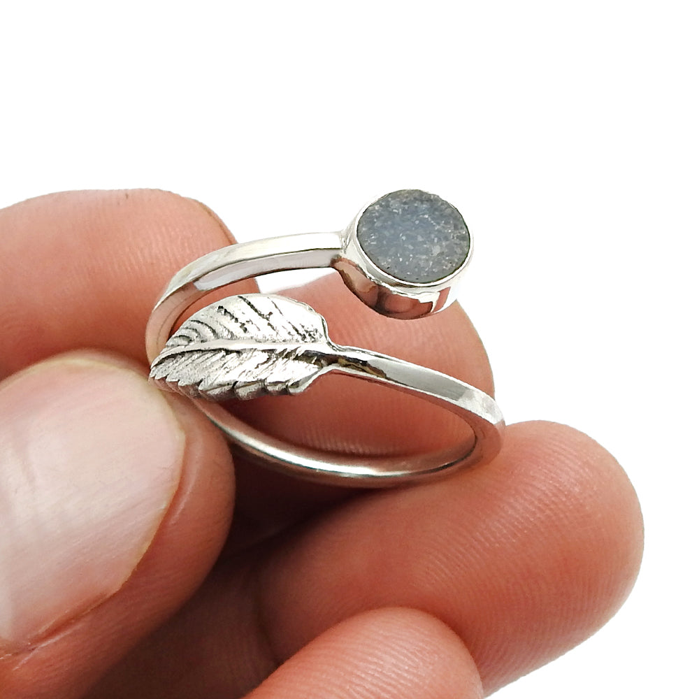 Natural Druzy Gemstone 925 Silver Cocktail Leaf Adjustable Ring For Women D10