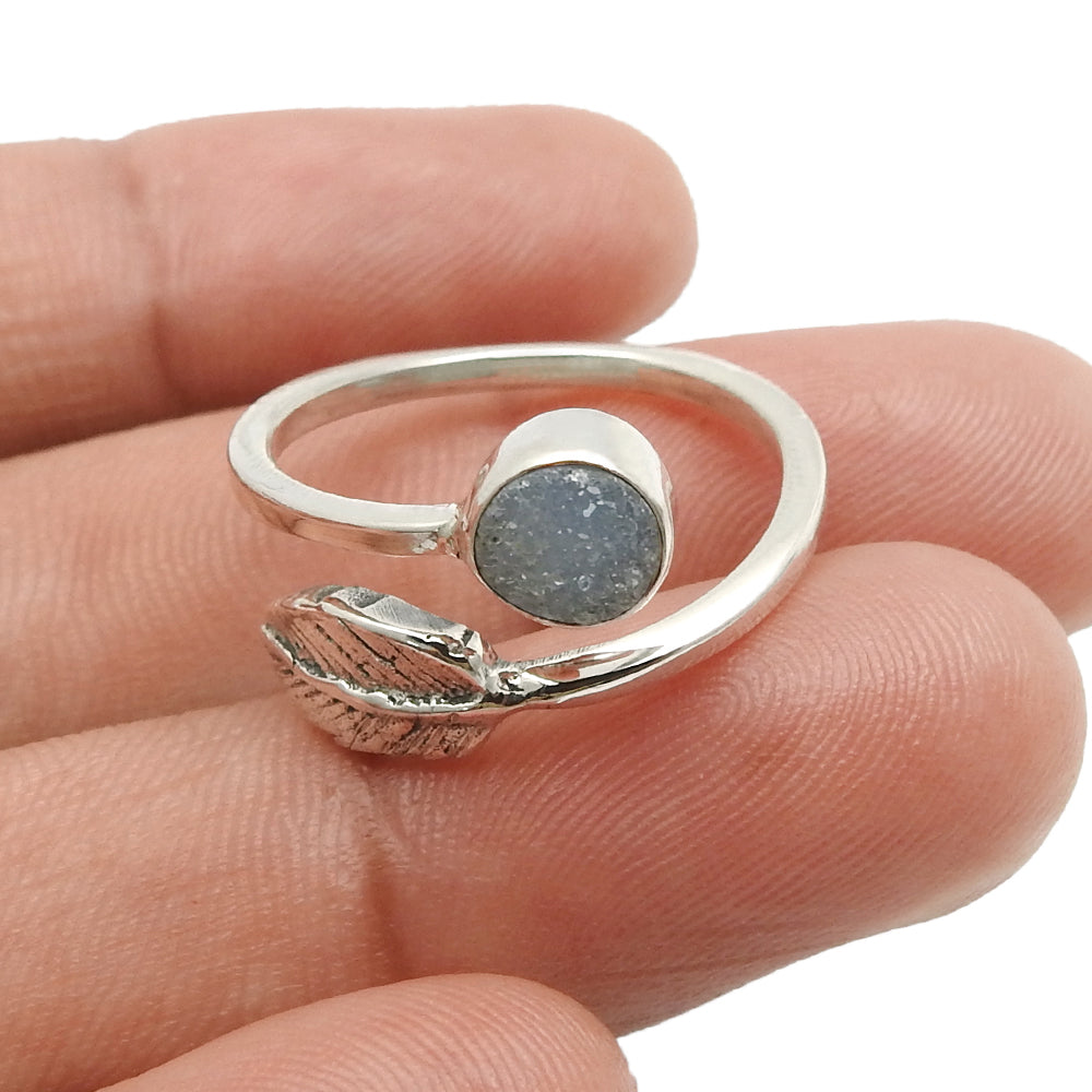 Natural Druzy Gemstone 925 Silver Cocktail Leaf Adjustable Ring For Women D10