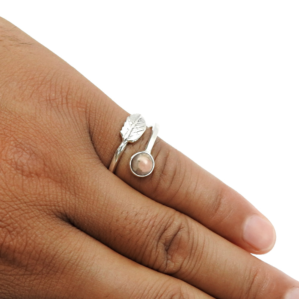 Gift For Her 925 Silver Natural Rhodochrosite Cocktail Leaf Adjustable Ring I17
