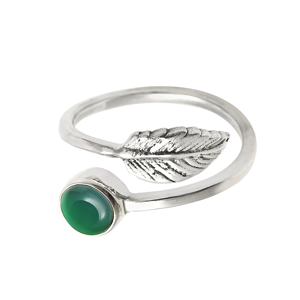 Natural Green Onyx Gemstone Cocktail Leaf Adjustable Ring 925 Silver For Girls M17