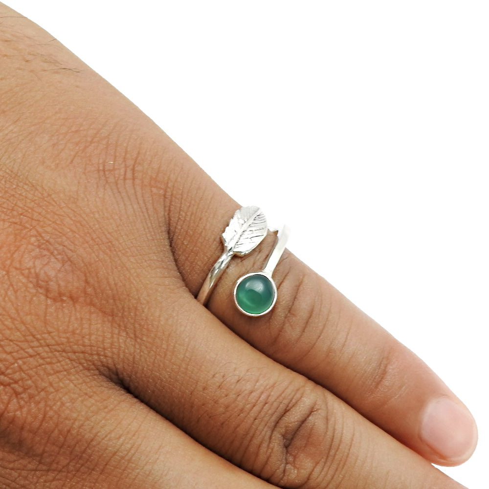 Natural Green Onyx Gemstone Cocktail Leaf Adjustable Ring 925 Silver For Girls M17