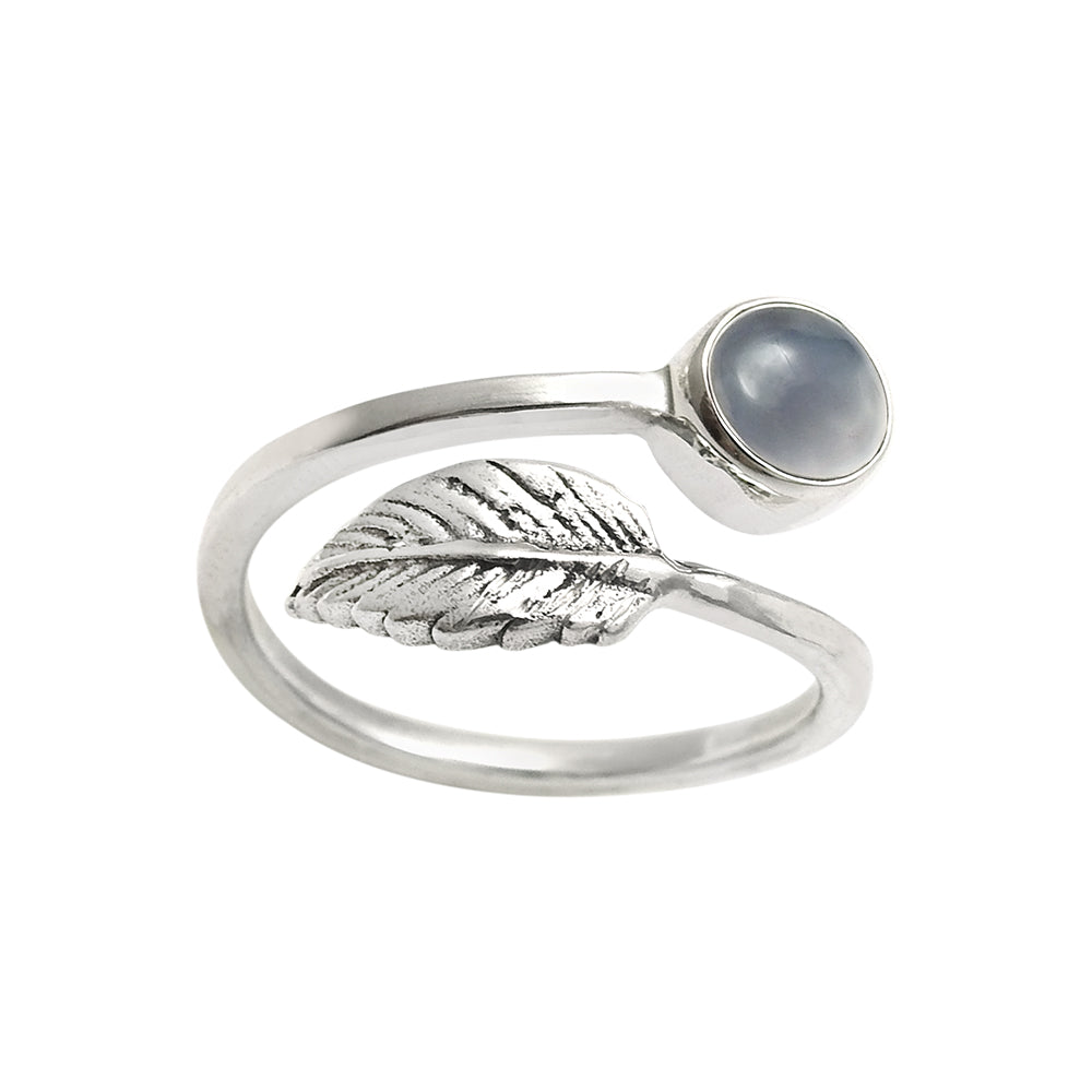 Gift For Woman Natural Chalcedony Cocktail Leaf Adjustable Ring 925 Silver A11