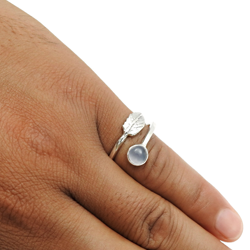 Gift For Woman Natural Chalcedony Cocktail Leaf Adjustable Ring 925 Silver A11