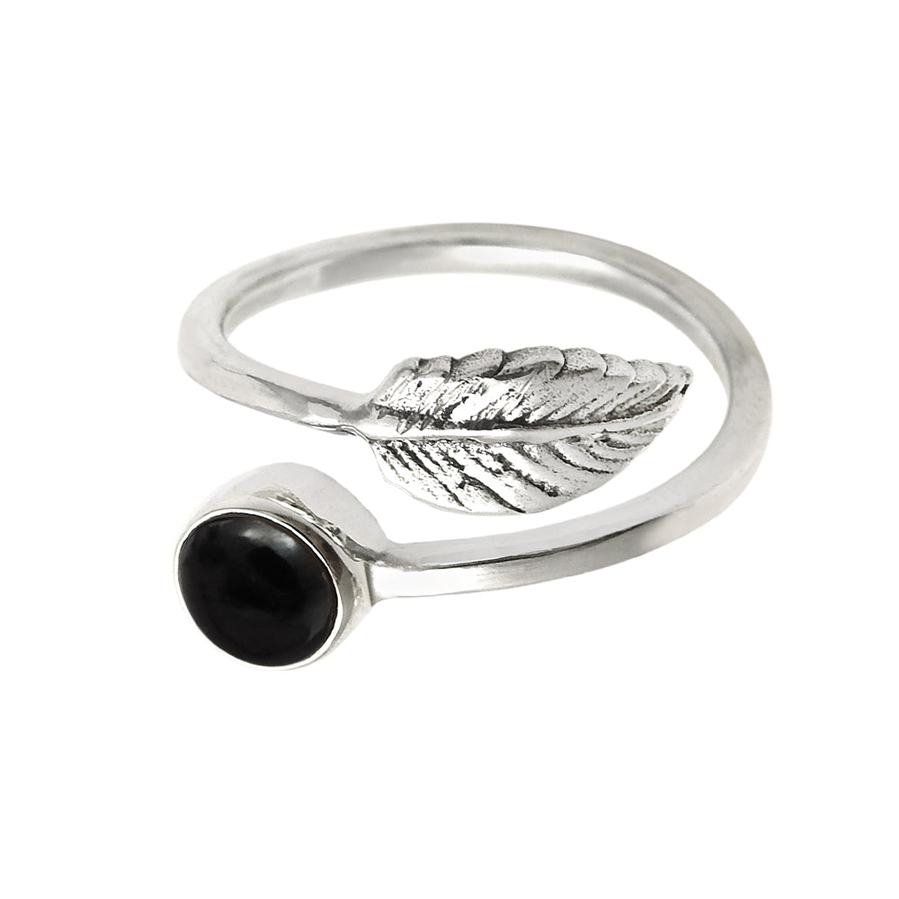 Natural Black Onyx Gemstone 925 Silver Cocktail Leaf Adjustable Ring For Girls E11