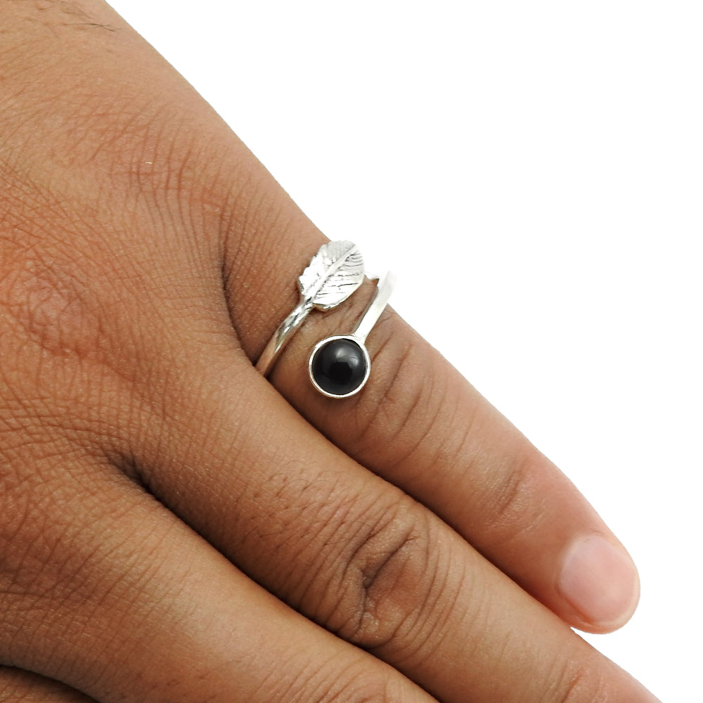 Natural Black Onyx Gemstone 925 Silver Cocktail Leaf Adjustable Ring For Girls E11
