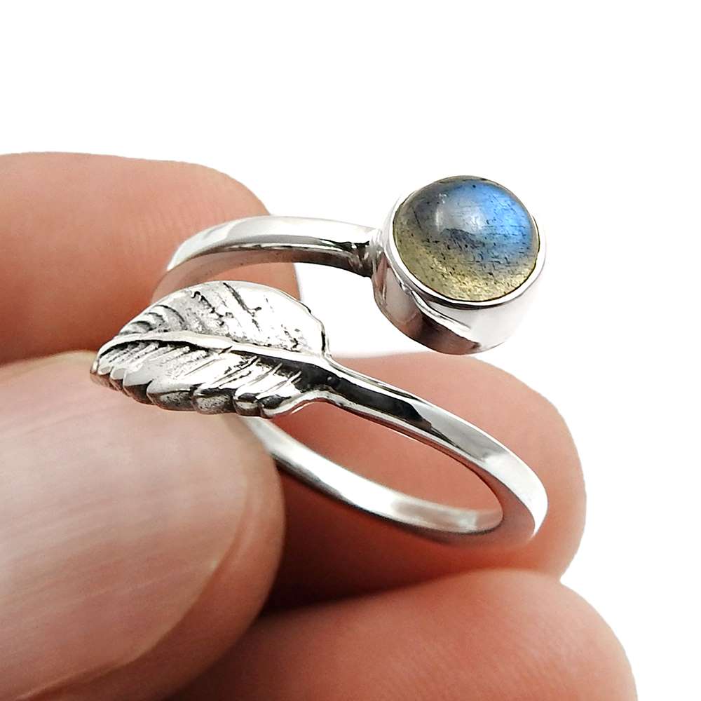 Gift For Her Natural Labradorite Cocktail Leaf Adjustable Ring 925 Silver B18