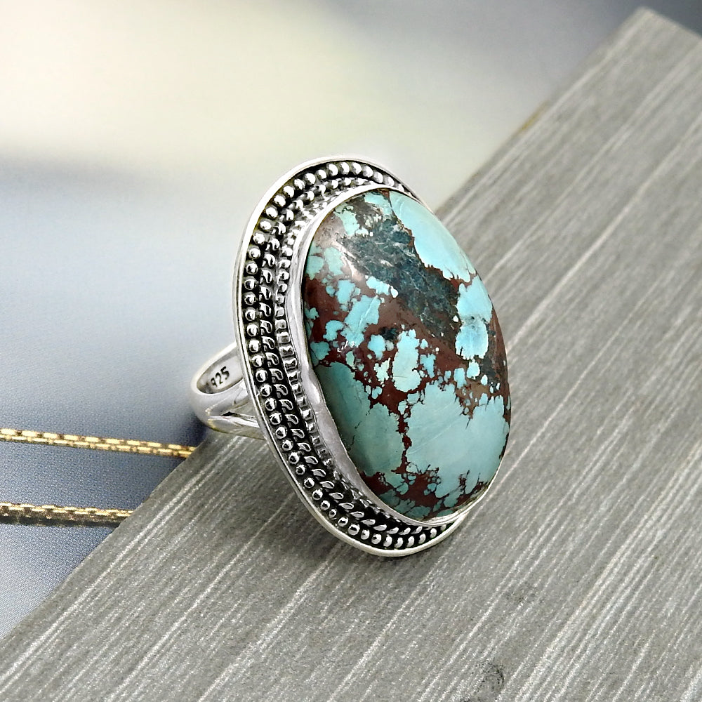 Natural Turquoise Gemstone Cocktail Boho Ring 925 Silver For Women H2