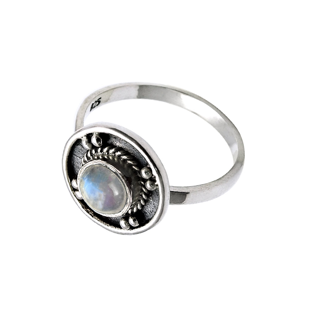Round Rainbow Moonstone Stone Unique Band Ethnic Ring Solid Sterling Silver
